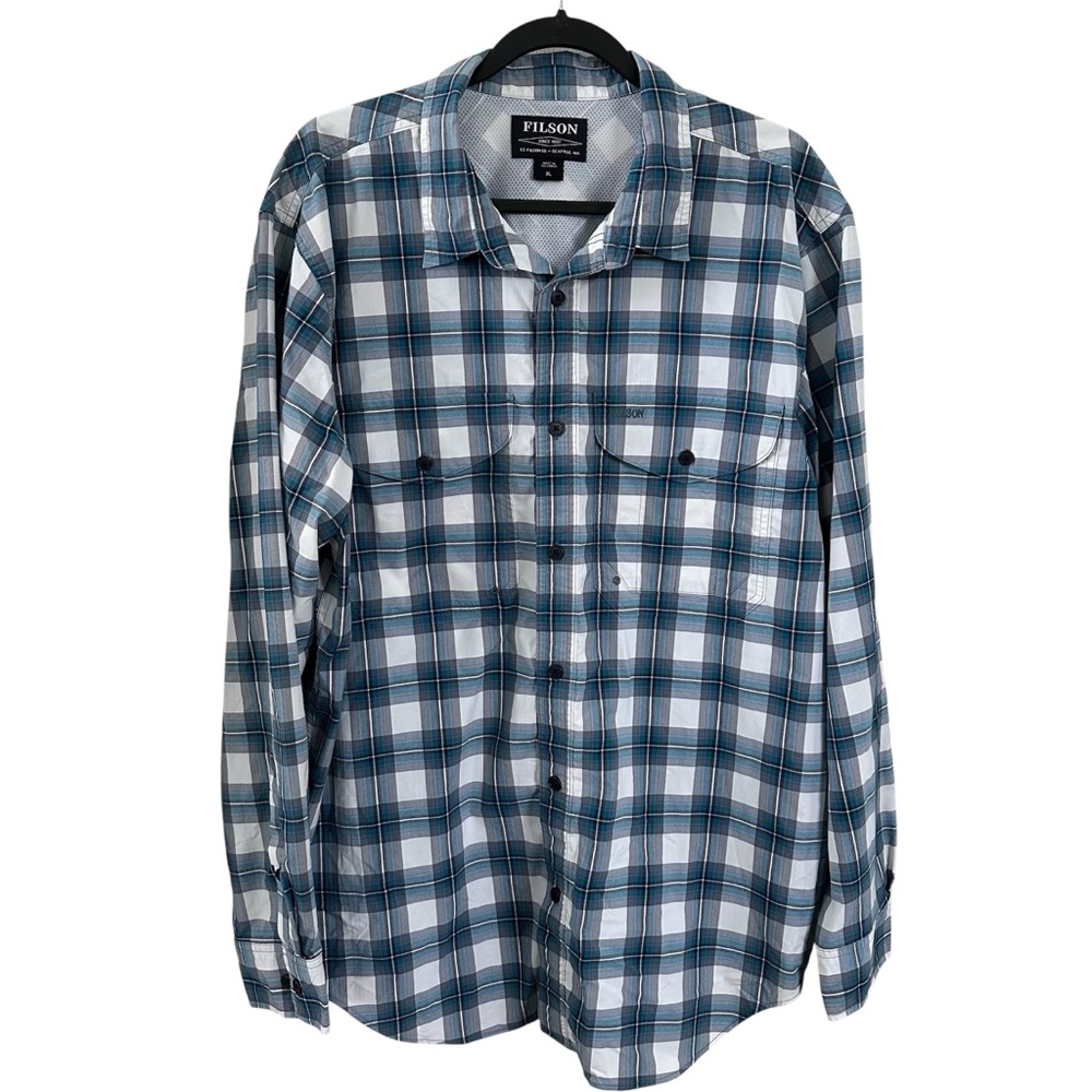 Filson Men's XL Plaid Lightweight Fishing Shirt Vented Back Mesh Lined Blue Gray